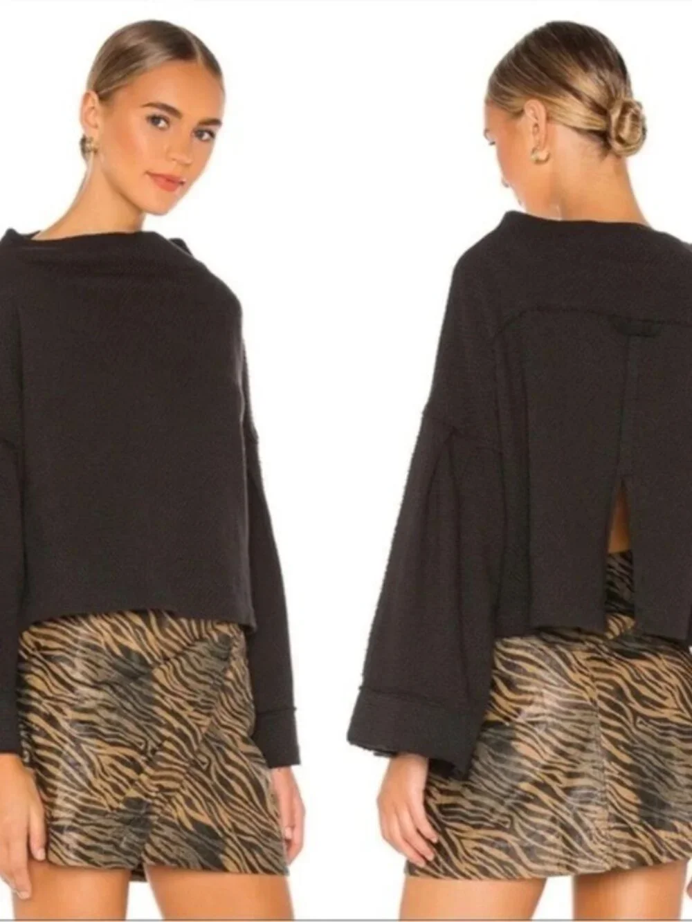 Free People Boho Boxy Bunny Tee Black Oversized Puff Sleeve Slit Off Shoulder